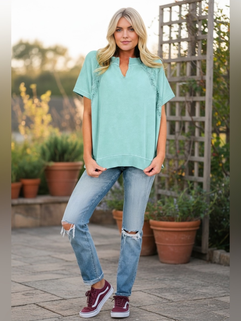 1235. Mint green mineral wash lace patchwork short-sleeve t shirt